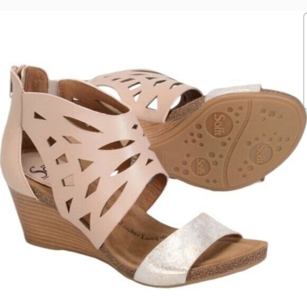 Sofft Women Gila Mule Leather Ankle Zip Back Wedge Sandals shoes size 10 blush